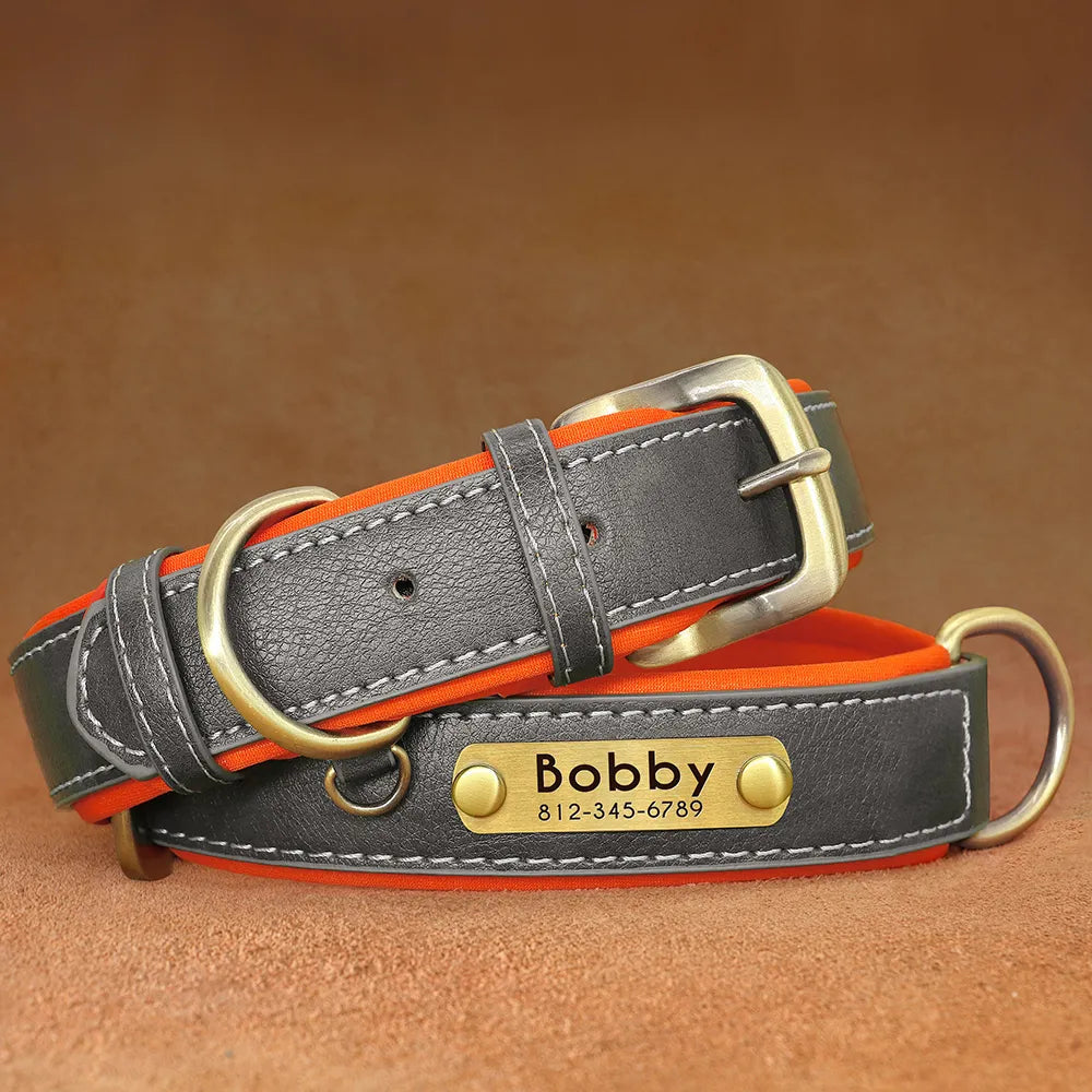 Customized Leather ID Nameplate Dog Collar Soft Padded Dogs Collars Free Engraving Name for Small Medium Large Dogs Adjustable David's Mall-Pet Products Supplier