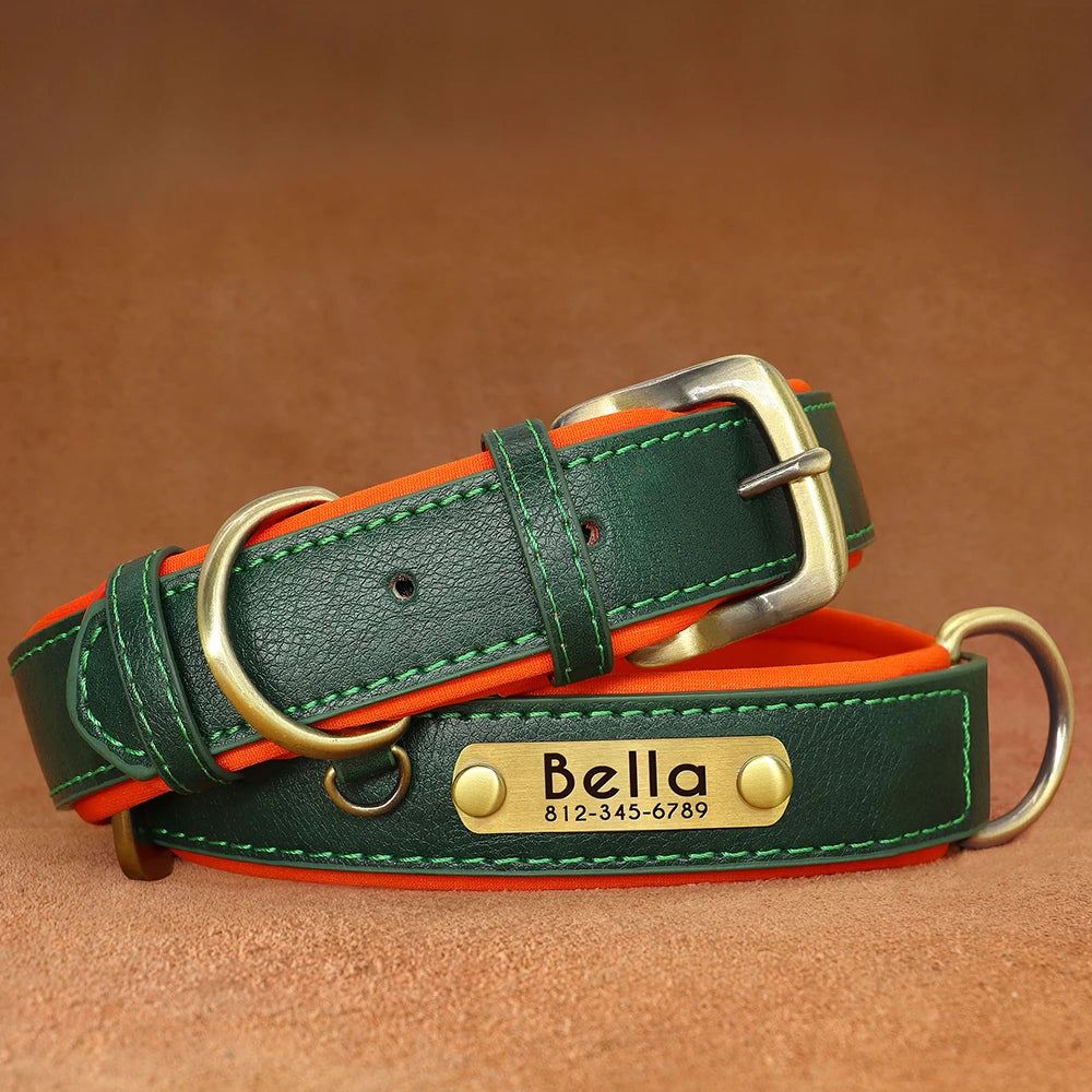 Customized Leather ID Nameplate Dog Collar Soft Padded Dogs Collars Free Engraving Name for Small Medium Large Dogs Adjustable David's Mall-Pet Products Supplier