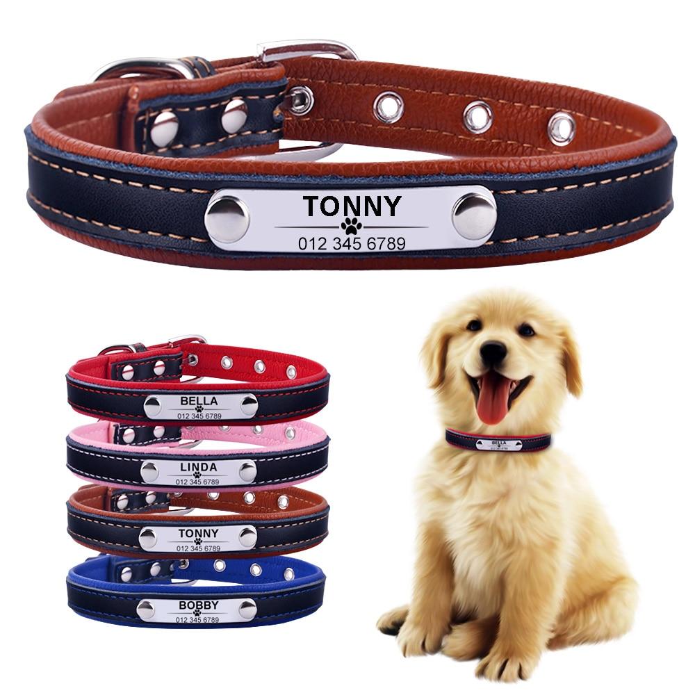 Leather Dog Collar With Personalised Engraved Nameplate Pet Collars & Harnesses BestPet 