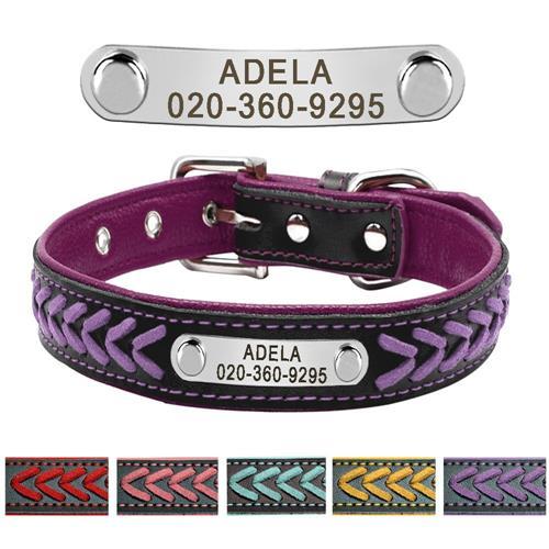 Leather Pet Collar With Personalised Engraved Nameplate Pet Collars & Harnesses BestPet Purple X Small