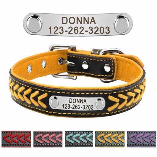 Leather Pet Collar With Personalised Engraved Nameplate Pet Collars & Harnesses BestPet Yellow X Small