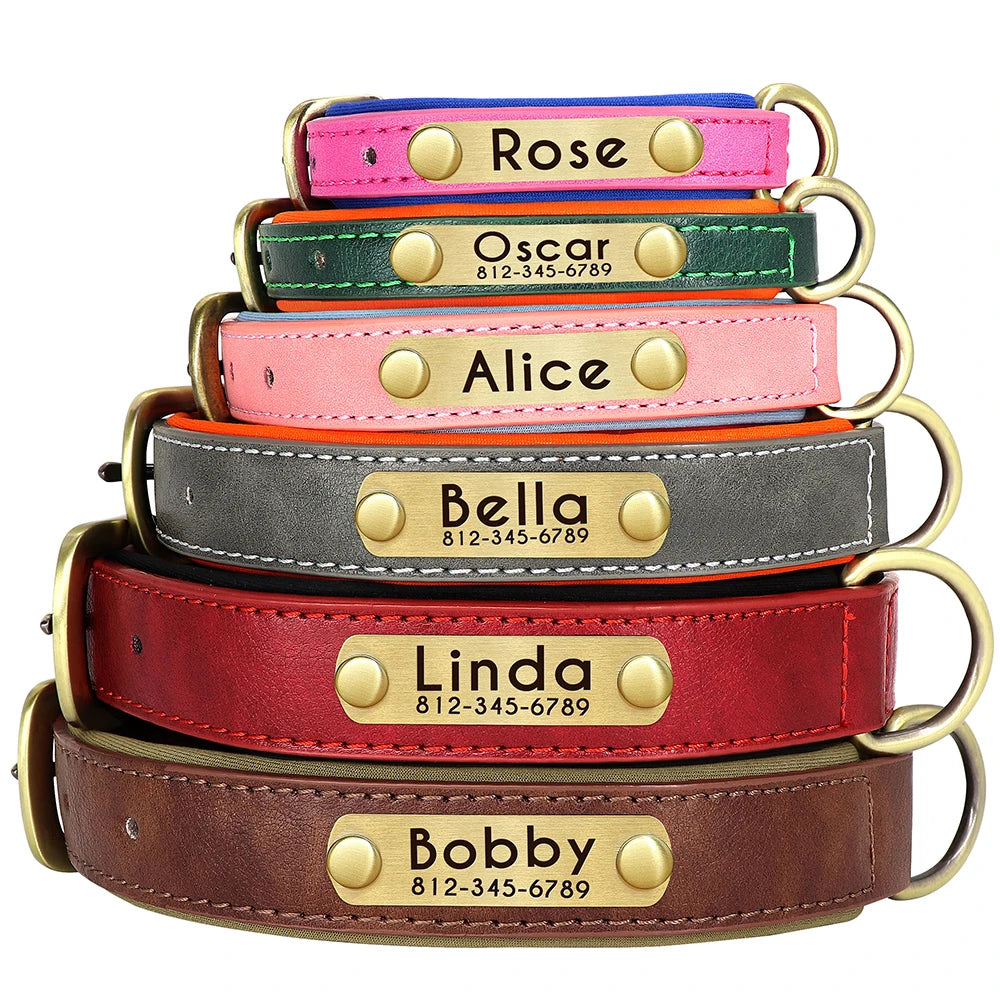 Customized Leather ID Nameplate Dog Collar Soft Padded Dogs Collars Free Engraving Name for Small Medium Large Dogs Adjustable David&#39;s Mall-Pet Products Supplier 