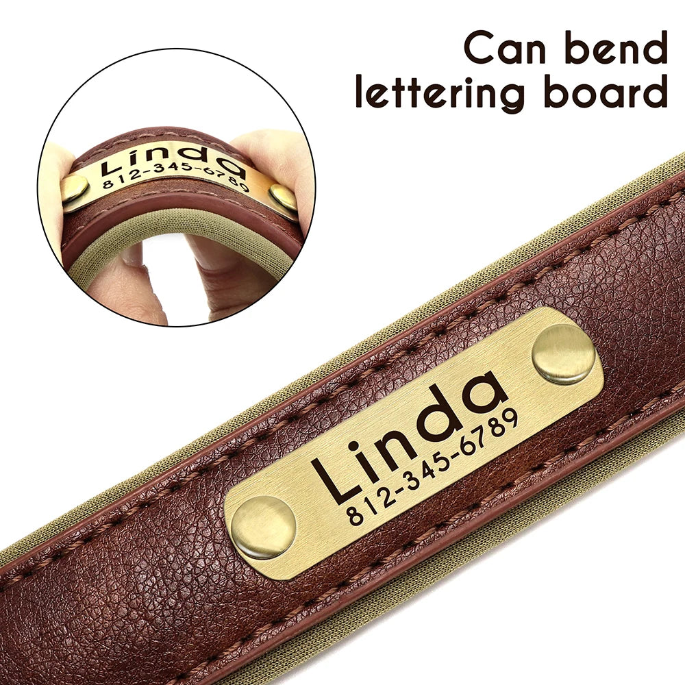 Customized Leather ID Nameplate Dog Collar Soft Padded Dogs Collars Free Engraving Name for Small Medium Large Dogs Adjustable David's Mall-Pet Products Supplier 