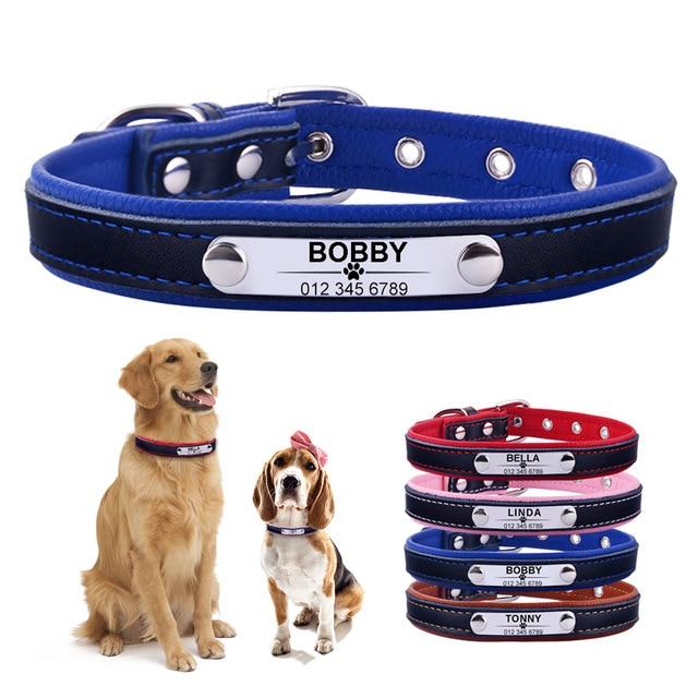 Leather Dog Collar With Personalised Engraved Nameplate Pet Collars & Harnesses BestPet Blue XS 22-28cm 