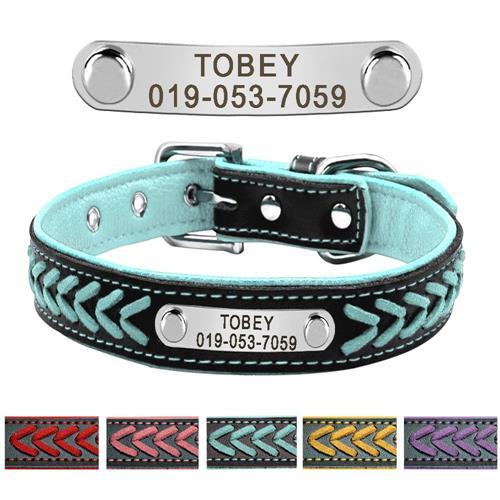 Leather Pet Collar With Personalised Engraved Nameplate Pet Collars &amp; Harnesses BestPet Blue X Small 