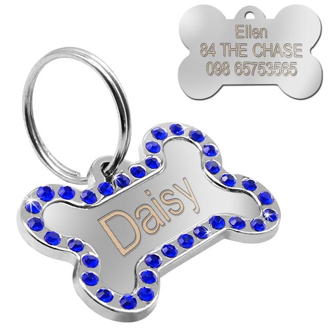 Personalised Engraved Pet ID Tag Pet ID Tags BestPet Bling Bone Blue 
